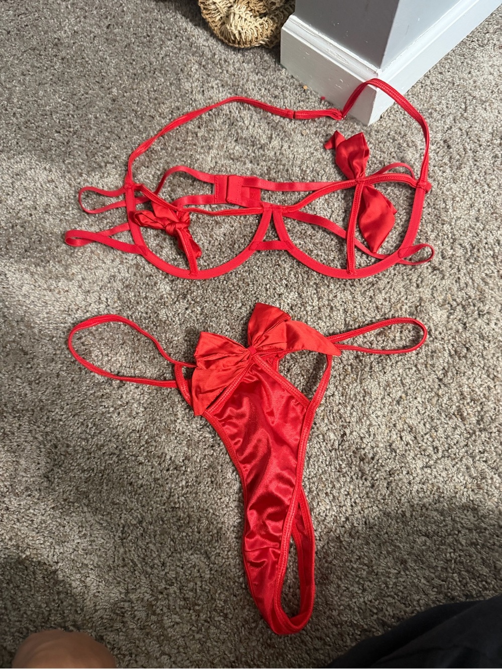 Red Strappy Satin Lingerie Set with Bow